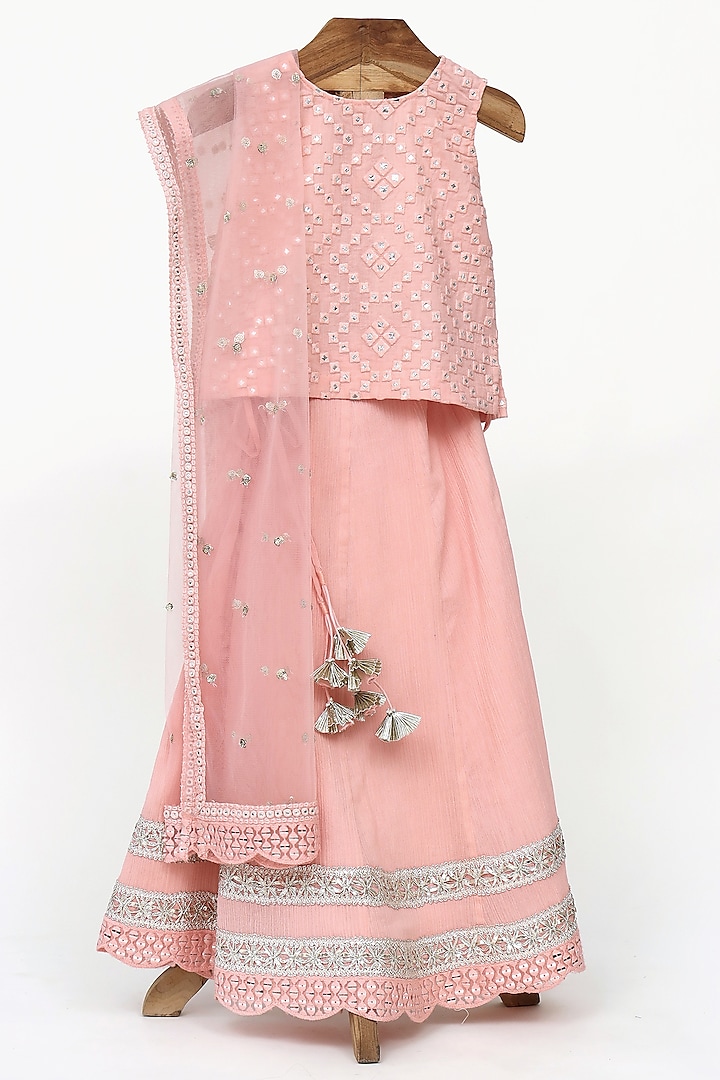 Peach Crushed Cotton Embroidered Lehenga Set For Girls by MINIME ORGANICS