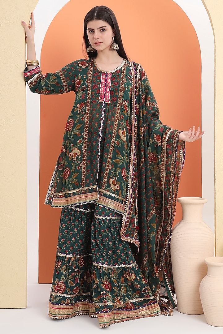 Green Cotton Block Printed Sharara Set For Girls by MINIME ORGANICS at Pernia's Pop Up Shop