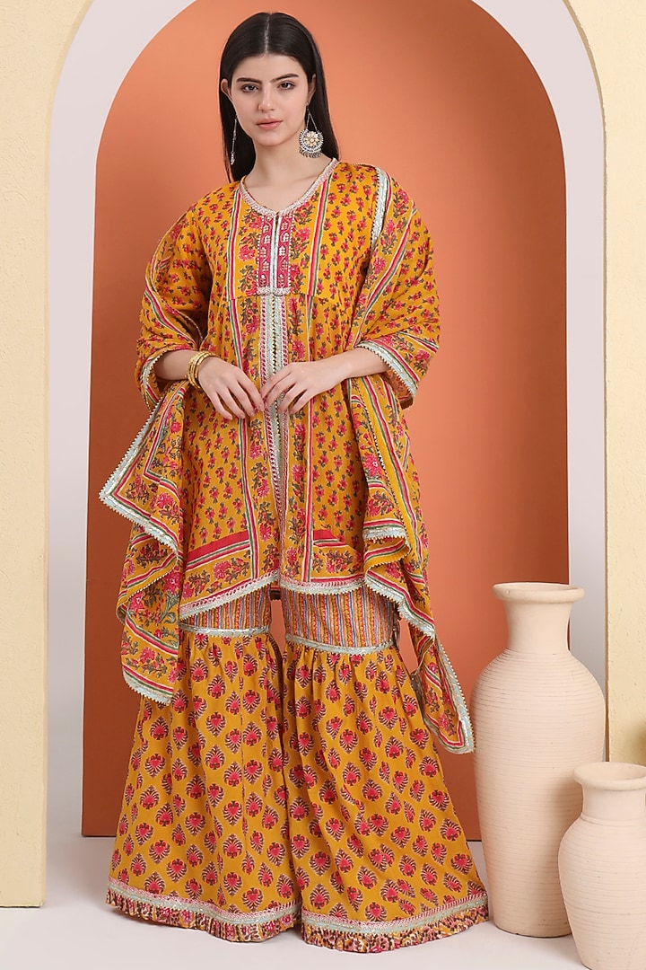Yellow Orange Cotton Block Printed Sharara Set For Girls by MINIME ORGANICS at Pernia's Pop Up Shop