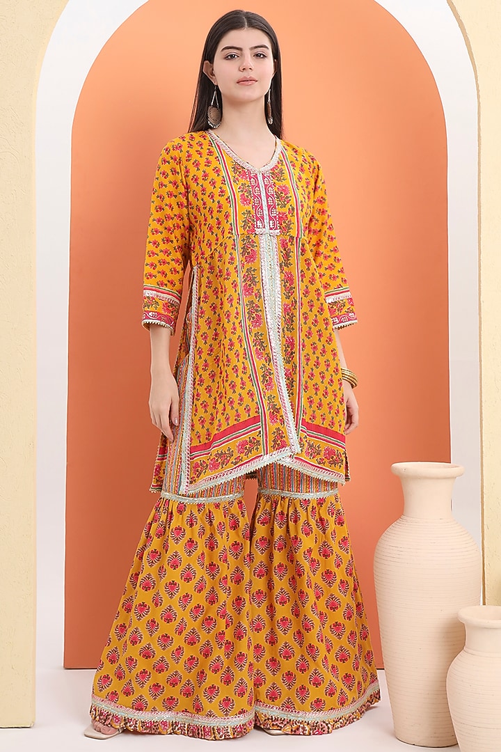 Yellow Orange Cotton Block Printed Sharara Set For Girls by MINIME ORGANICS at Pernia's Pop Up Shop
