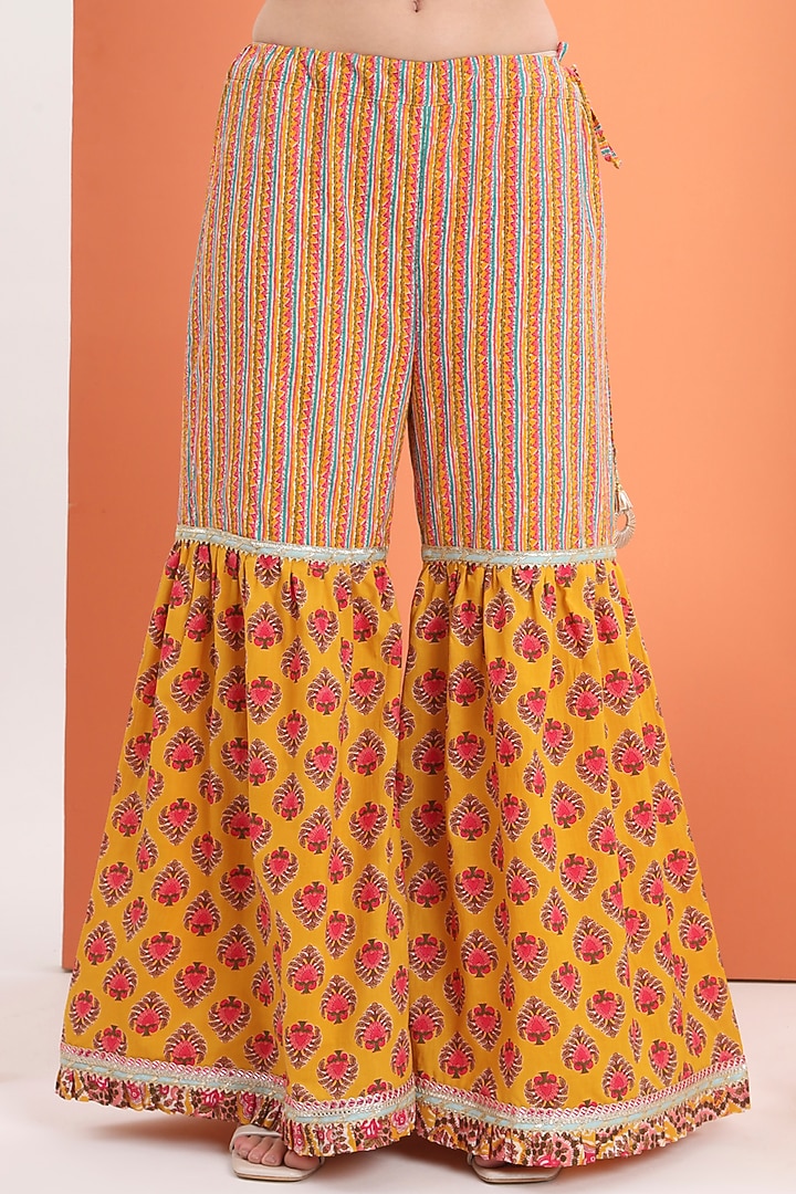 Yellow Orange Cotton Block Printed Sharara Set For Girls by MINIME ORGANICS at Pernia's Pop Up Shop
