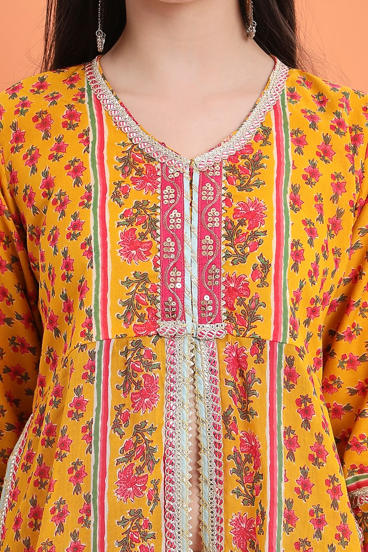 Yellow Orange Cotton Block Printed Sharara Set For Girls by MINIME ORGANICS at Pernia's Pop Up Shop