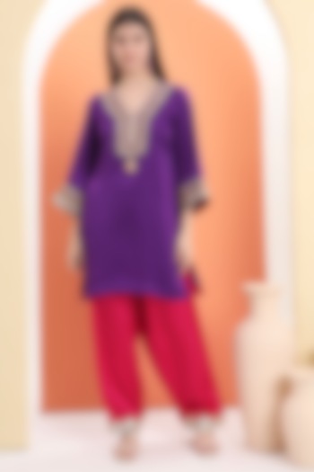 Purple Flat Raw Silk Kurta Set For Girls by MINIME ORGANICS at Pernia's Pop Up Shop