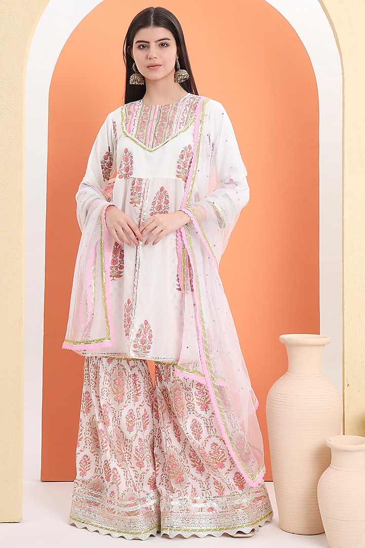 Off-White Cotton Block Printed Sharara Set For Girls by MINIME ORGANICS at Pernia's Pop Up Shop