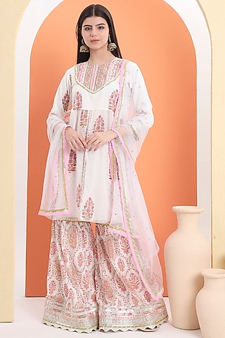 Off-White Cotton Block Printed Sharara Set For Girls by MINIME ORGANICS