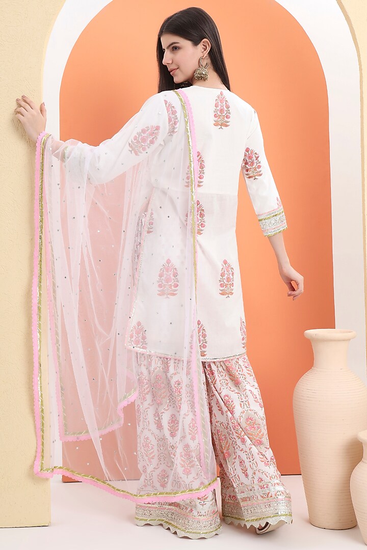 Off-White Cotton Block Printed Sharara Set For Girls by MINIME ORGANICS at Pernia's Pop Up Shop