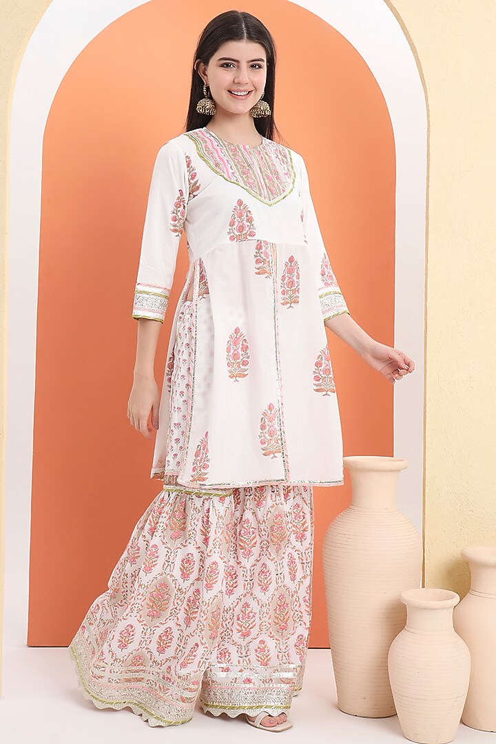 Off-White Cotton Block Printed Sharara Set For Girls by MINIME ORGANICS at Pernia's Pop Up Shop