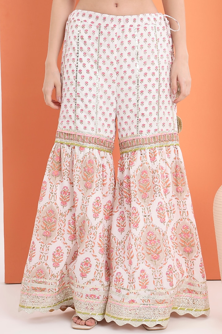 Off-White Cotton Block Printed Sharara Set For Girls by MINIME ORGANICS at Pernia's Pop Up Shop