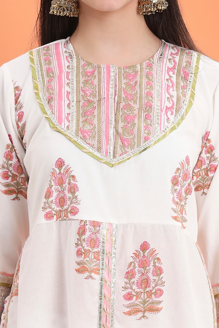 Off-White Cotton Block Printed Sharara Set For Girls by MINIME ORGANICS at Pernia's Pop Up Shop