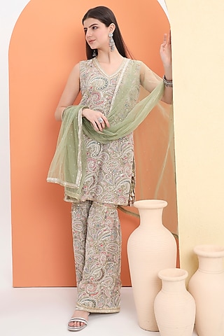 Pista Green Georgette Embroidered Sharara Set For Girls by MINIME ORGANICS