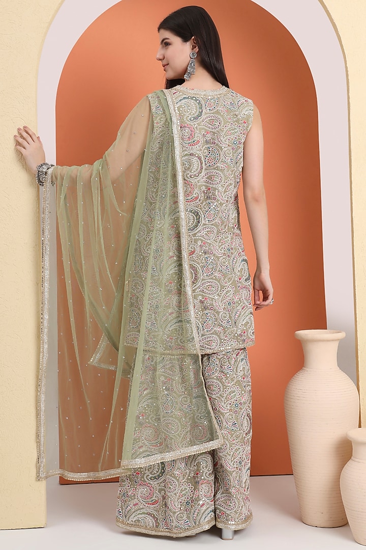 Pista Green Georgette Embroidered Sharara Set For Girls by MINIME ORGANICS at Pernia's Pop Up Shop