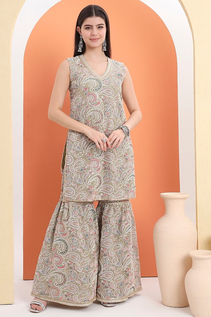 Pista Green Georgette Embroidered Sharara Set For Girls by MINIME ORGANICS at Pernia's Pop Up Shop