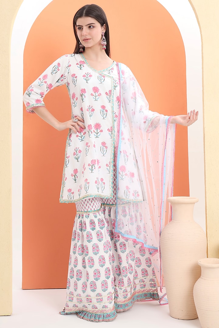 Off-White Cotton Block Printed Sharara Set For Girls by MINIME ORGANICS at Pernia's Pop Up Shop