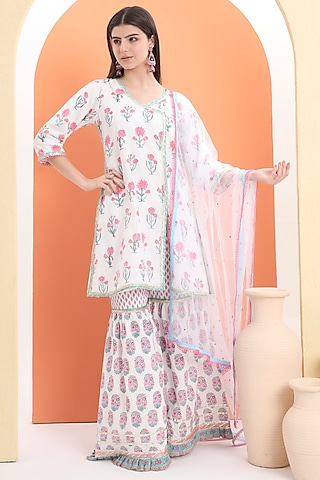 Off-White Cotton Block Printed Sharara Set For Girls by MINIME ORGANICS