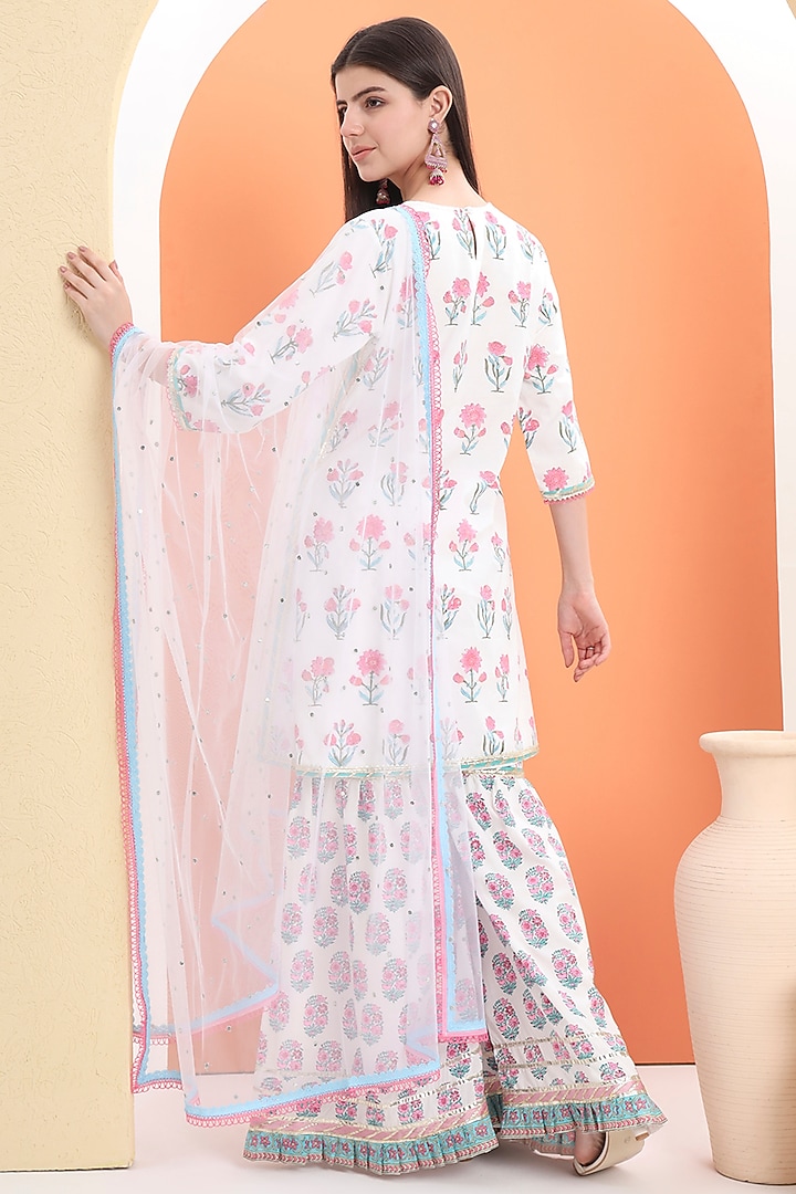 Off-White Cotton Block Printed Sharara Set For Girls by MINIME ORGANICS at Pernia's Pop Up Shop