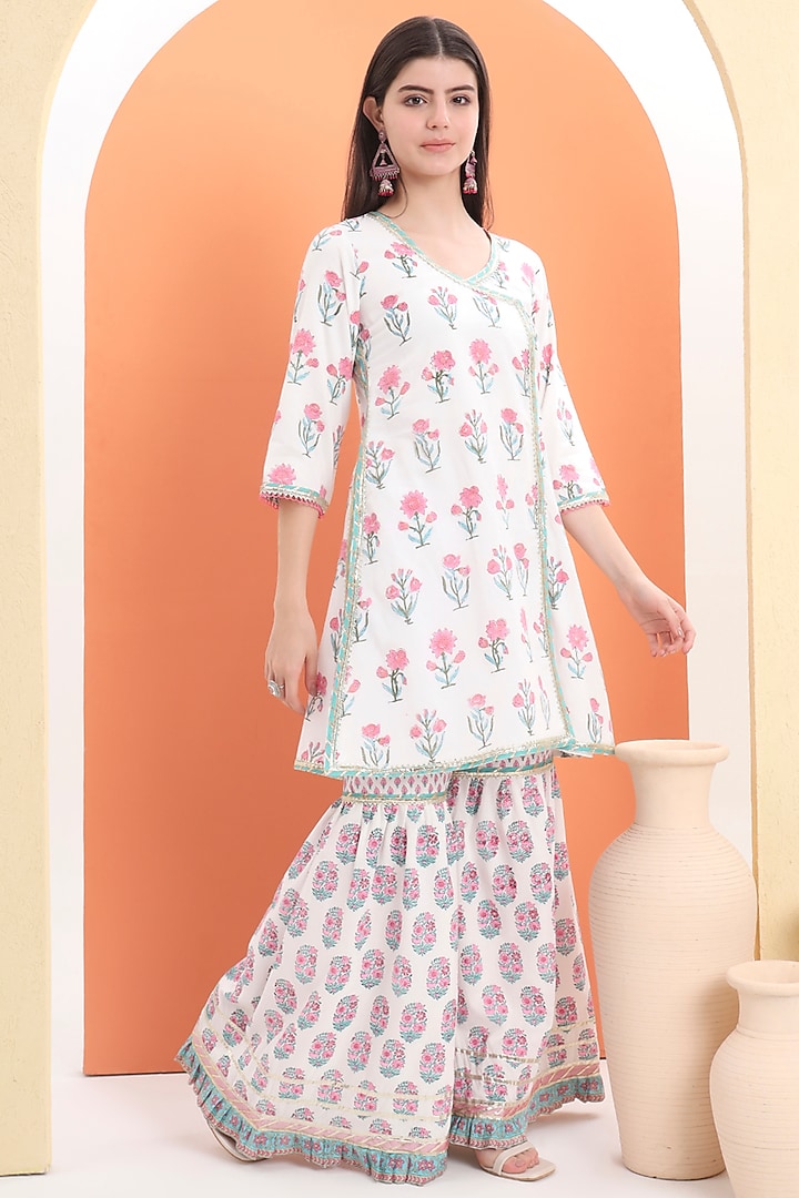 Off-White Cotton Block Printed Sharara Set For Girls by MINIME ORGANICS at Pernia's Pop Up Shop