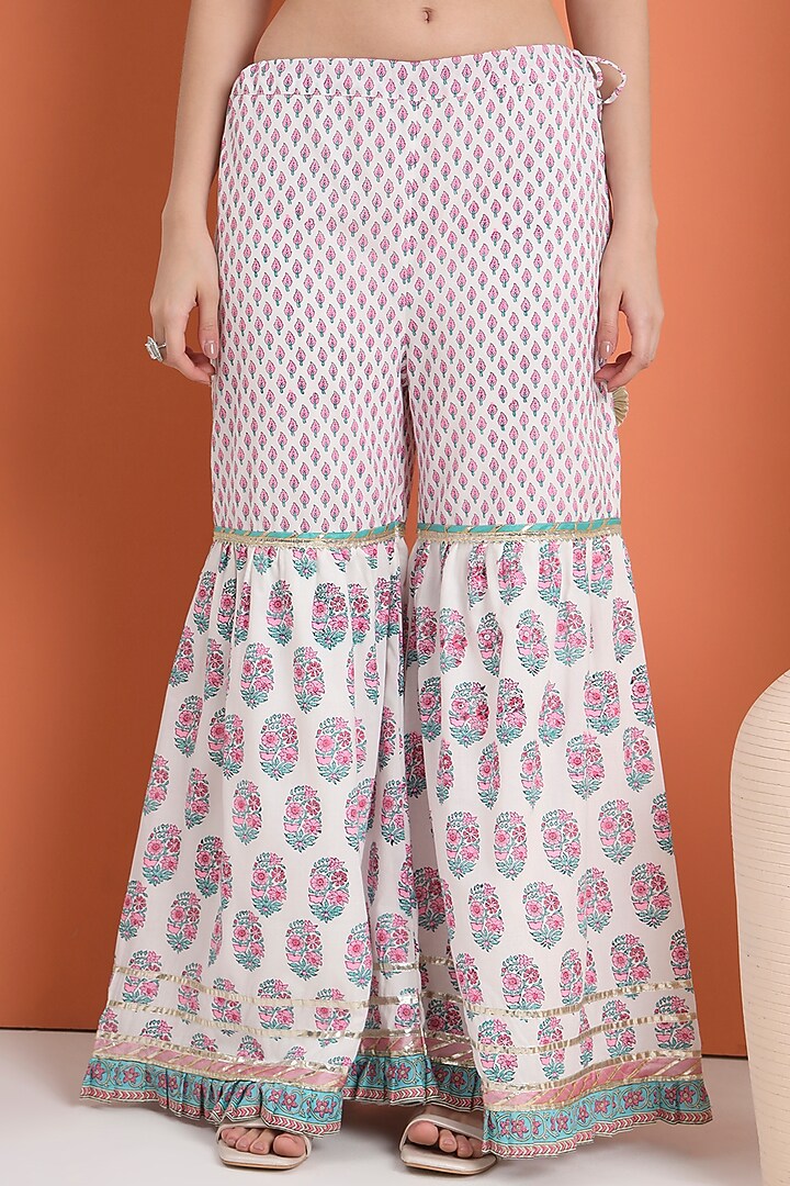 Off-White Cotton Block Printed Sharara Set For Girls by MINIME ORGANICS at Pernia's Pop Up Shop