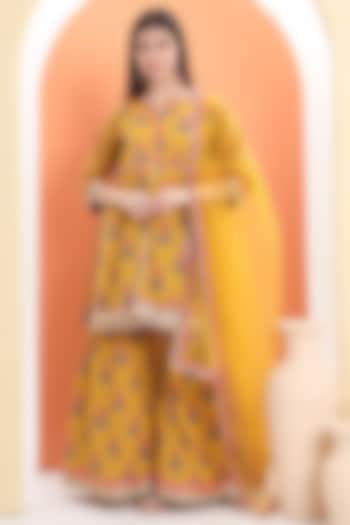 Yellow Cotton Block Printed Sharara Set For Girls by MINIME ORGANICS at Pernia's Pop Up Shop