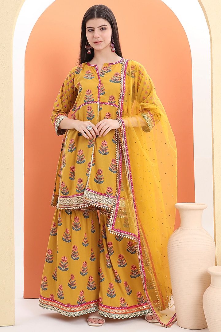 Yellow Cotton Block Printed Sharara Set For Girls by MINIME ORGANICS at Pernia's Pop Up Shop