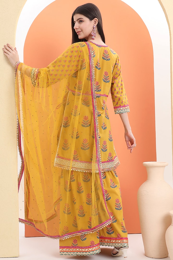 Yellow Cotton Block Printed Sharara Set For Girls by MINIME ORGANICS at Pernia's Pop Up Shop