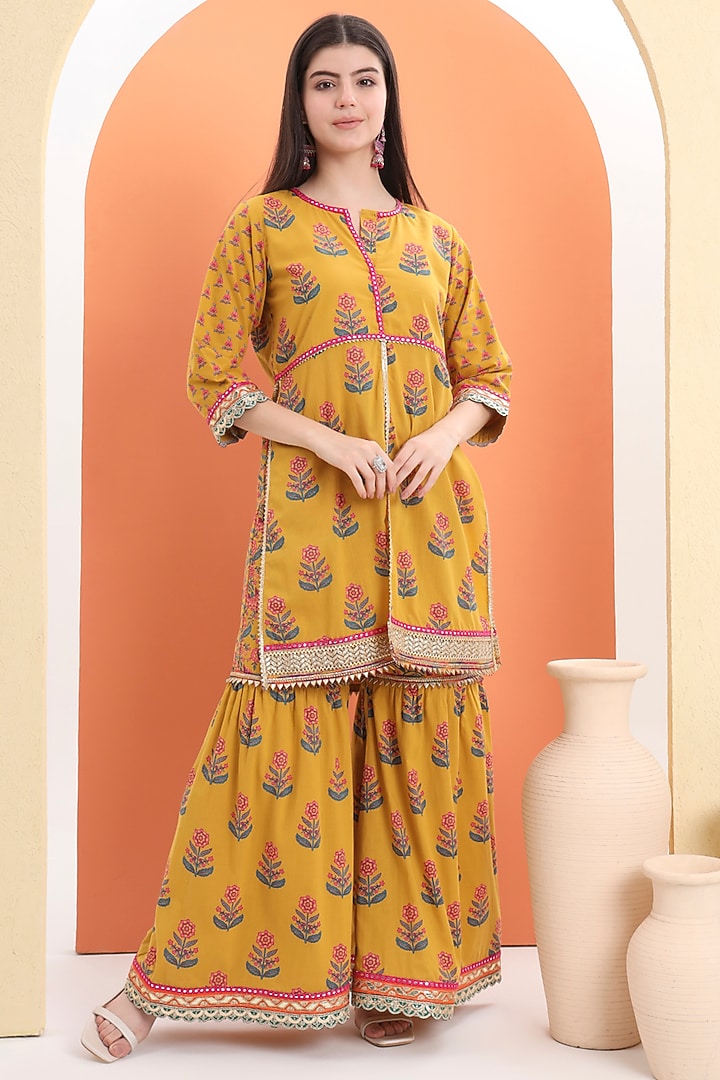 Yellow Cotton Block Printed Sharara Set For Girls by MINIME ORGANICS at Pernia's Pop Up Shop