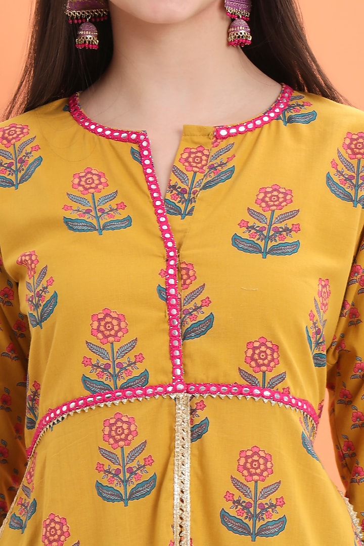 Yellow Cotton Block Printed Sharara Set For Girls by MINIME ORGANICS at Pernia's Pop Up Shop