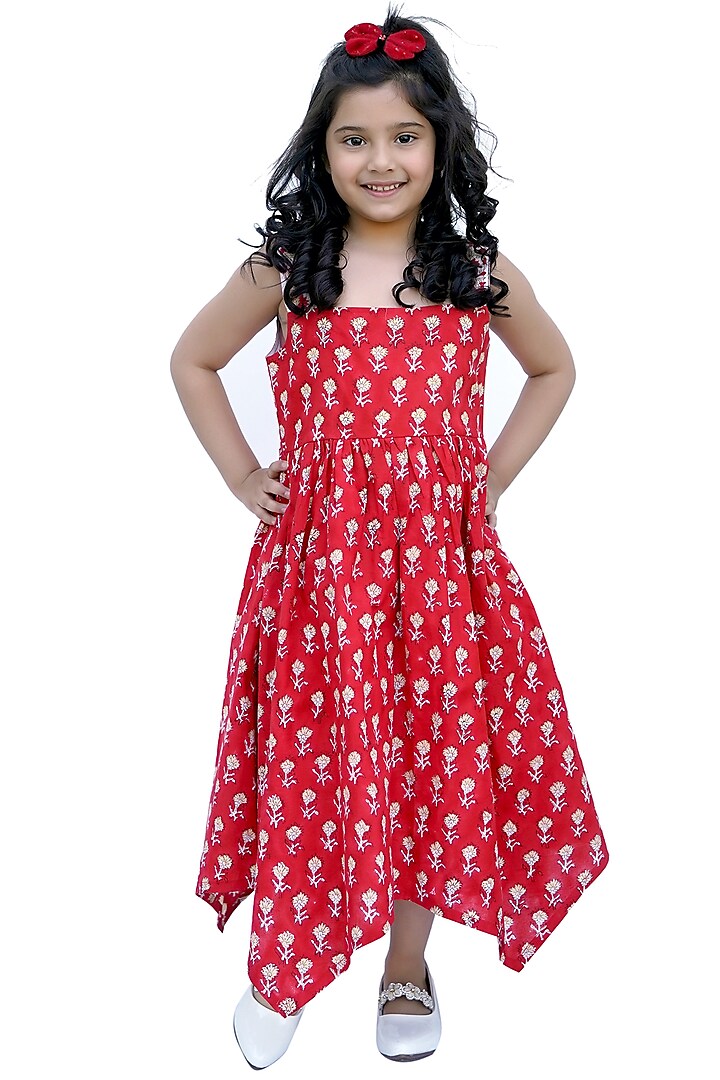 Red Block Printed Dress For Girls by MINIME ORGANICS