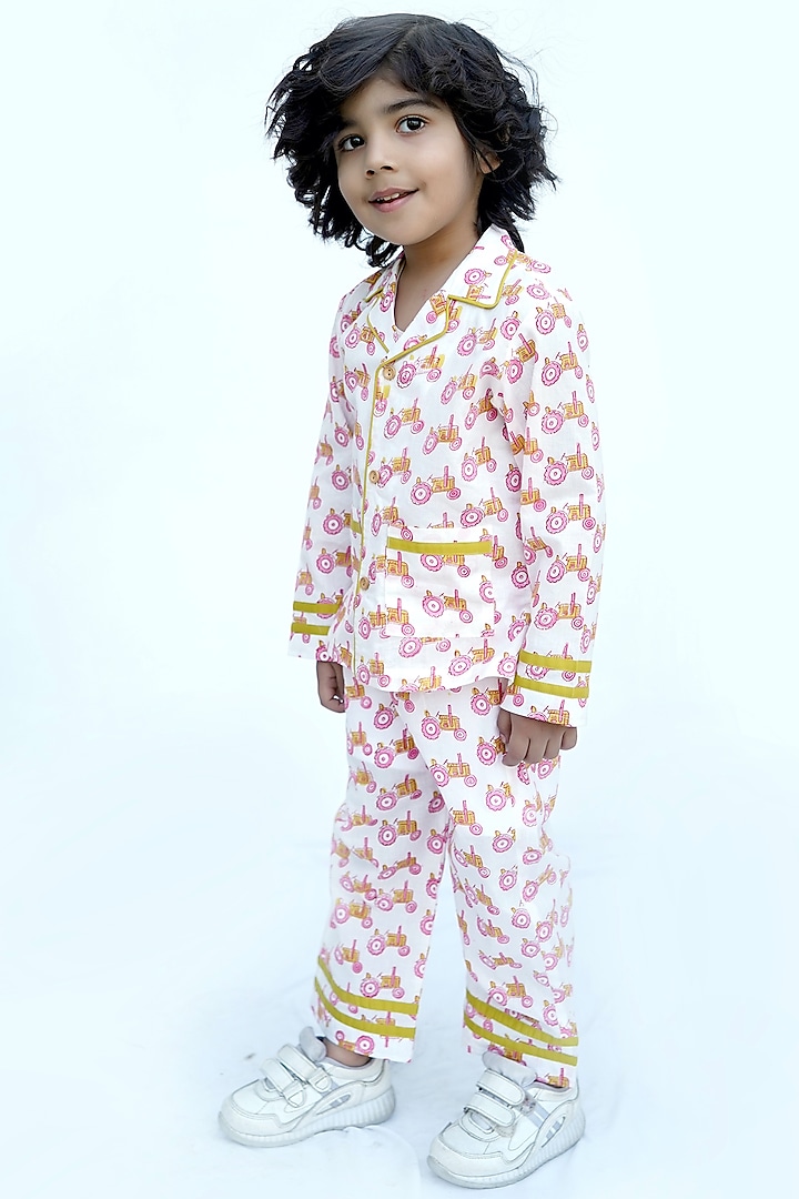 Cream Bicycle Block Printed Night Suit For Boys by MINIME ORGANICS