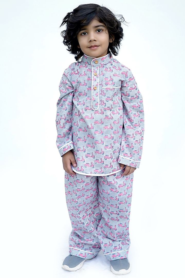 Grey Scooter Block Printed Night Suit For Boys by MINIME ORGANICS at Pernia's Pop Up Shop