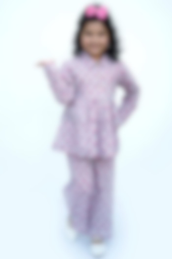 Grey Floral Block Printed Night Suit For Girls by MINIME ORGANICS at Pernia's Pop Up Shop