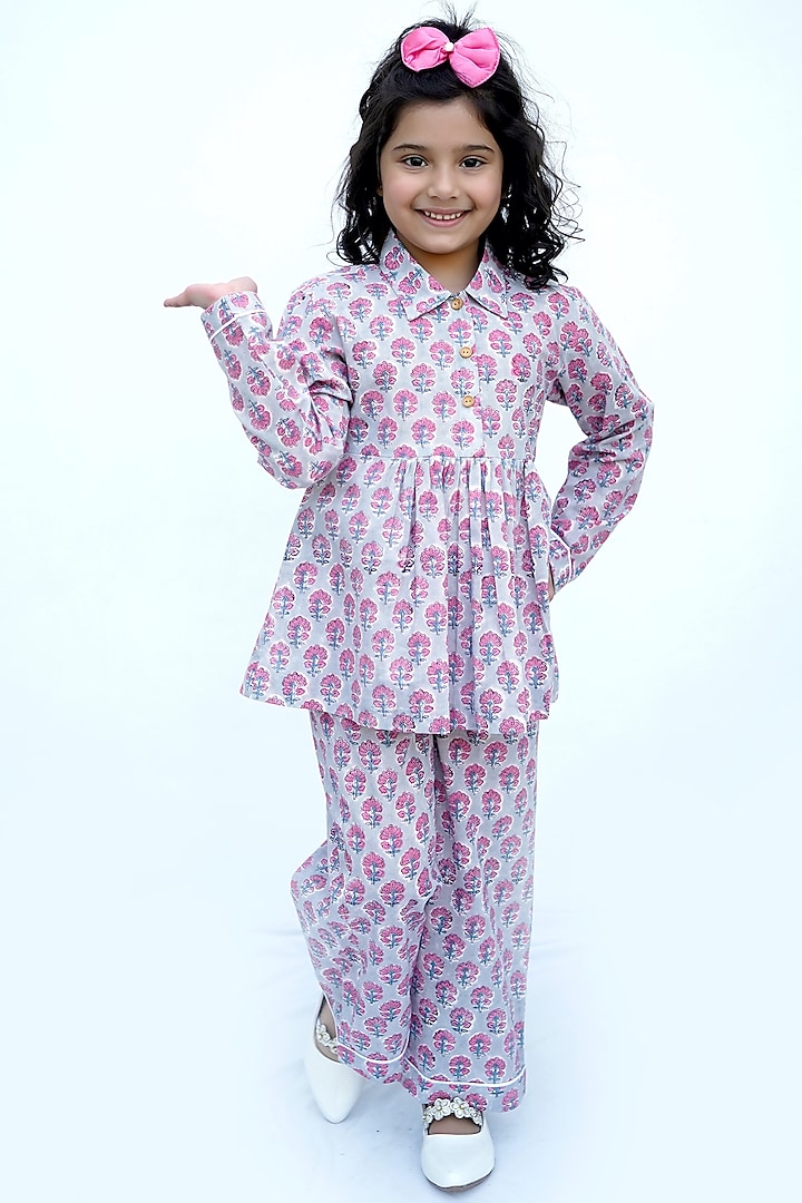 Grey Floral Block Printed Night Suit For Girls by MINIME ORGANICS