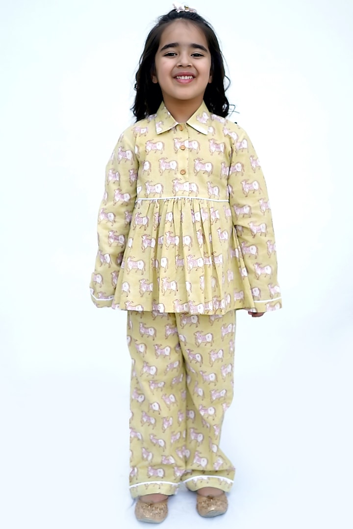 Lime Yellow Block Printed Night Suit For Girls by MINIME ORGANICS