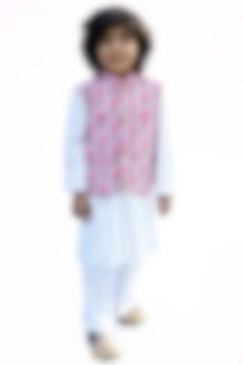 Pink & Cream Block Printed Nehru Jacket Set For Boys by MINIME ORGANICS at Pernia's Pop Up Shop