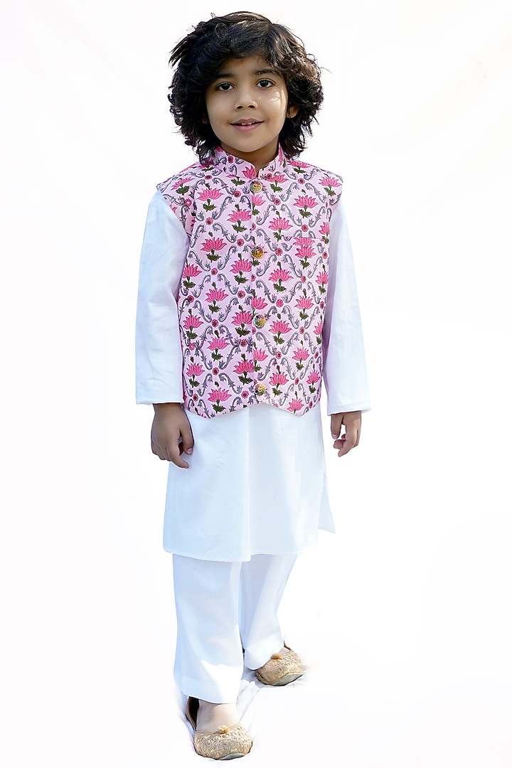 Pink & Cream Block Printed Nehru Jacket Set For Boys by MINIME ORGANICS at Pernia's Pop Up Shop