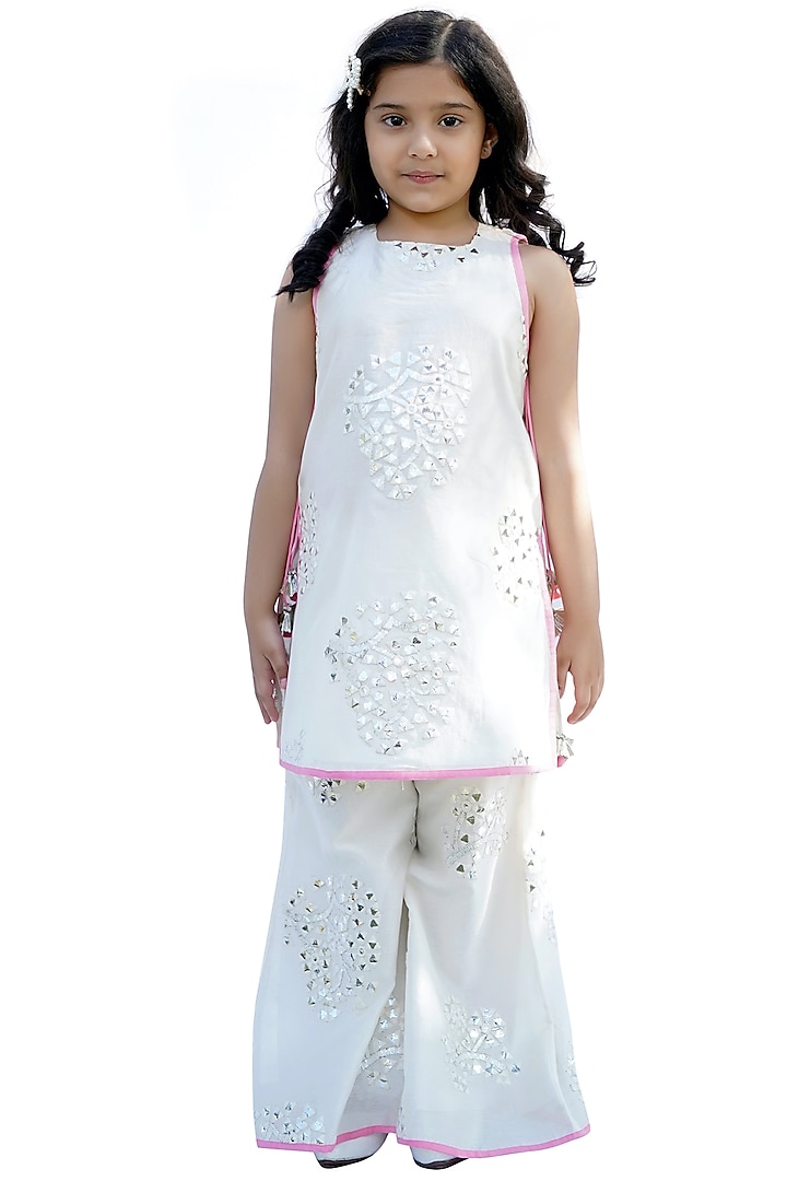Cream Chanderi Silk Sharara Set For Girls by MINIME ORGANICS