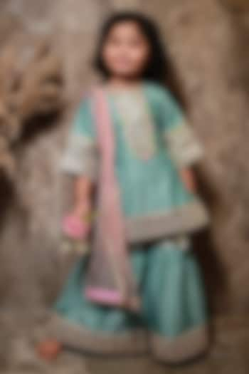 Oceanic Teal Green Silk Chanderi Embroidered Sharara Set For Girls by MINIME ORGANICS at Pernia's Pop Up Shop