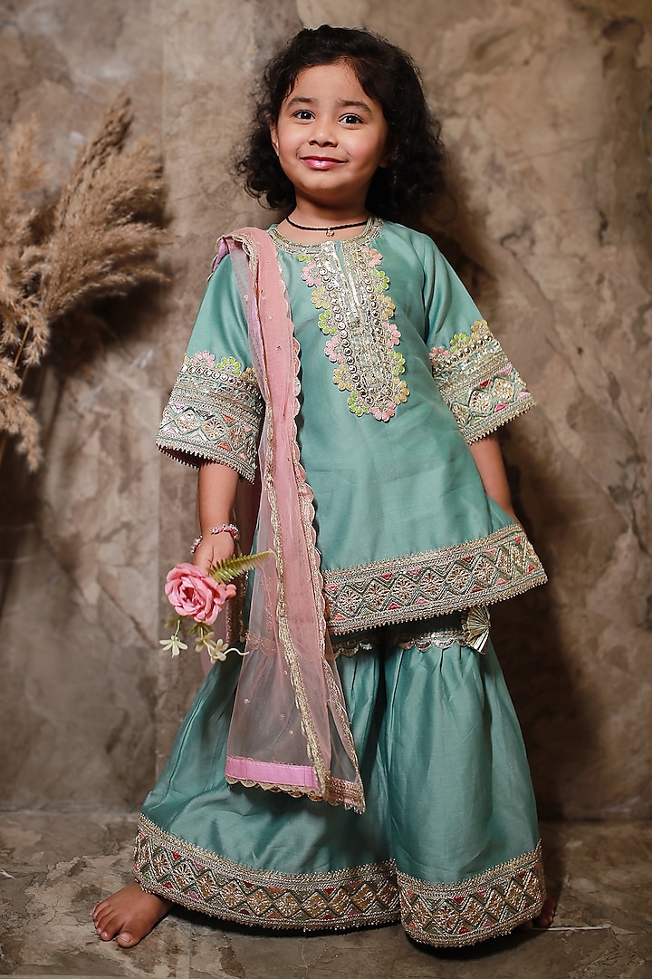 Oceanic Teal Green Silk Chanderi Embroidered Sharara Set For Girls by MINIME ORGANICS at Pernia's Pop Up Shop