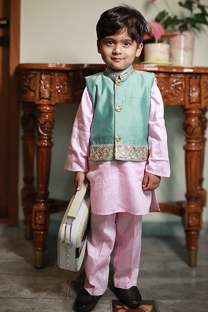 Teal Green Silk Chanderi Embroidered Bundi Jacket Set For Boys by MINIME ORGANICS at Pernia's Pop Up Shop