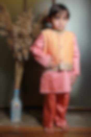 Orange Silk Chanderi Embroidered Bundi Jacket Set For Boys by MINIME ORGANICS at Pernia's Pop Up Shop