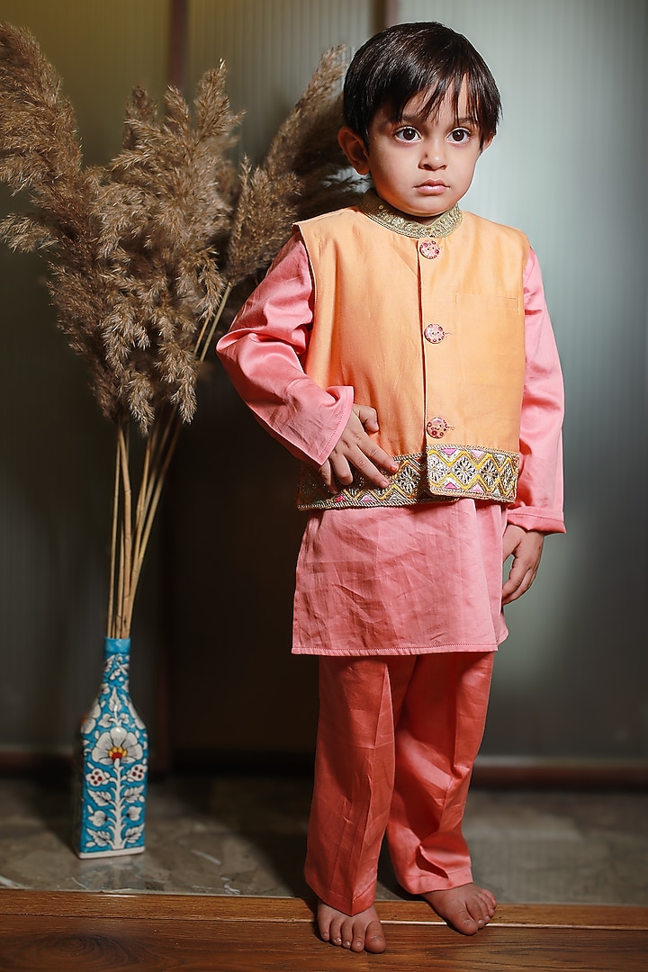 Orange Silk Chanderi Embroidered Bundi Jacket Set For Boys by MINIME ORGANICS at Pernia's Pop Up Shop