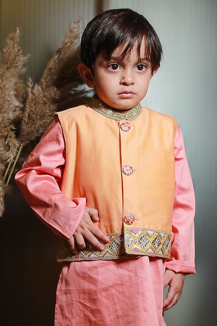 Orange Silk Chanderi Embroidered Bundi Jacket Set For Boys by MINIME ORGANICS at Pernia's Pop Up Shop
