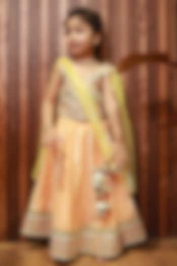 Peach Silk Chanderi Embroidered Lehenga Set For Girls by MINIME ORGANICS at Pernia's Pop Up Shop