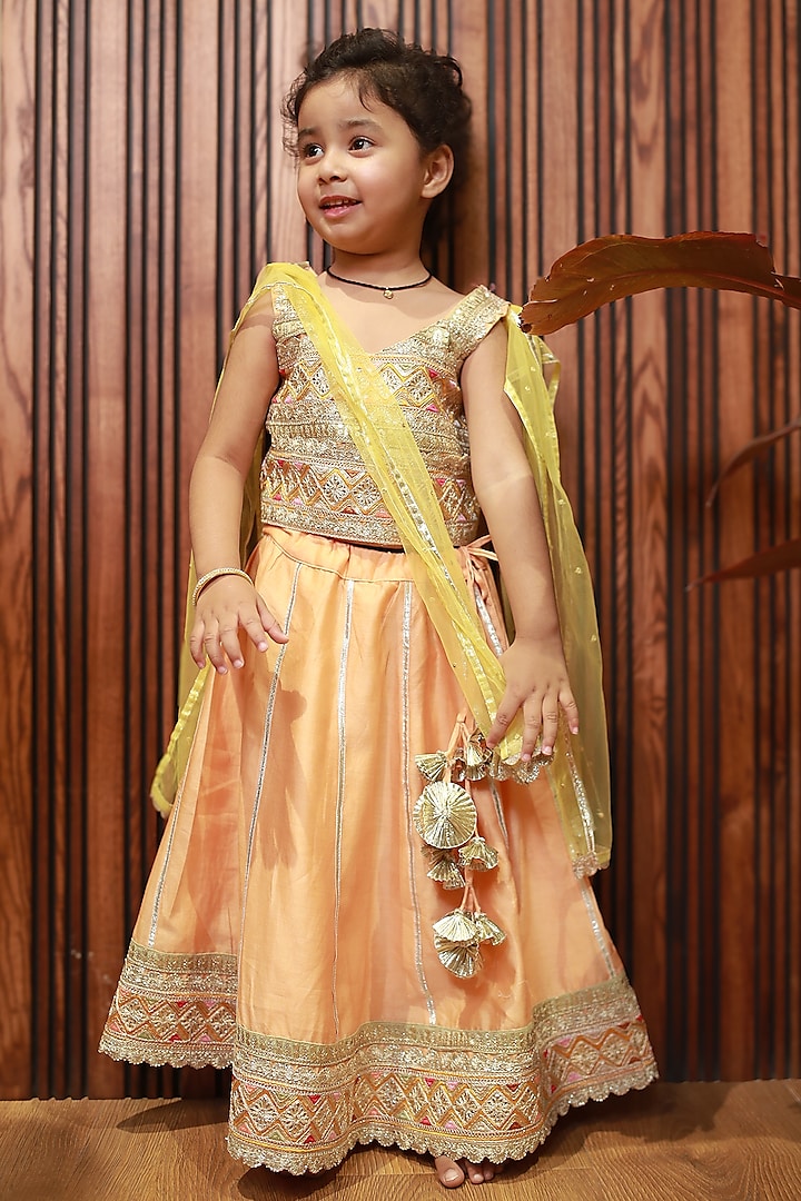 Peach Silk Chanderi Embroidered Lehenga Set For Girls by MINIME ORGANICS at Pernia's Pop Up Shop