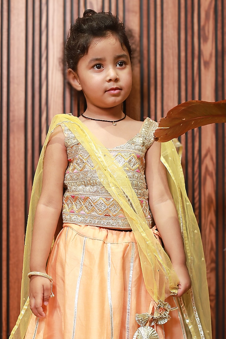 Peach Silk Chanderi Embroidered Lehenga Set For Girls by MINIME ORGANICS at Pernia's Pop Up Shop