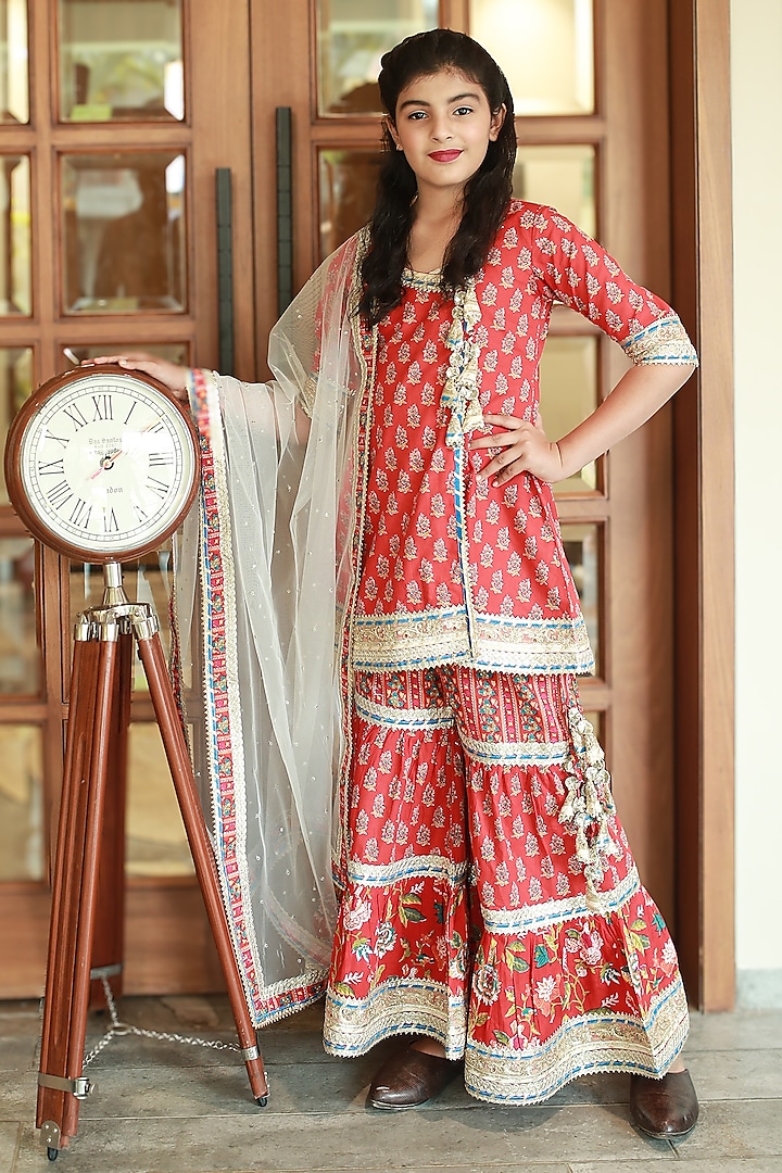 Red Cotton Block Printed Sharara Set For Girls by MINIME ORGANICS at Pernia's Pop Up Shop