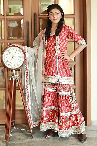 Red Cotton Block Printed Sharara Set For Girls by MINIME ORGANICS