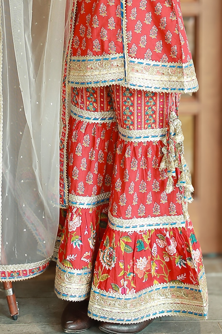 Red Cotton Block Printed Sharara Set For Girls by MINIME ORGANICS at Pernia's Pop Up Shop