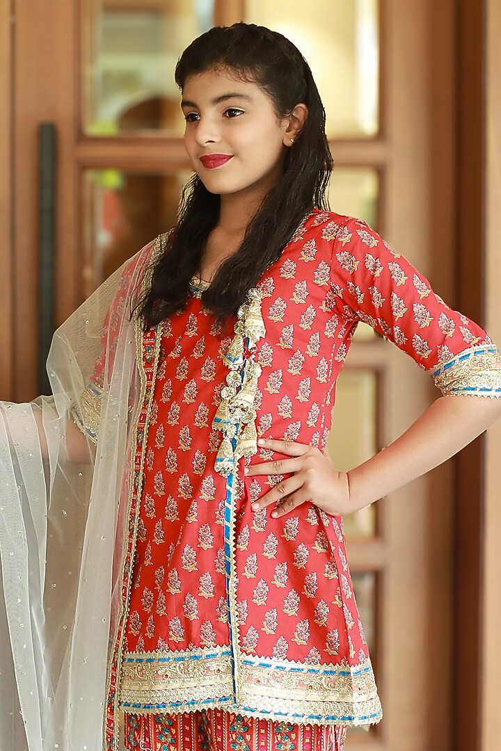 Red Cotton Block Printed Sharara Set For Girls by MINIME ORGANICS at Pernia's Pop Up Shop