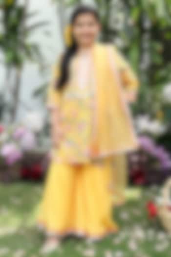 Yellow Block Printed Sharara Set For Girls by MINIME ORGANICS at Pernia's Pop Up Shop