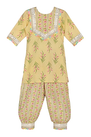 Yellow Cotton Block Printed Kurta Set For Girls by MINIME ORGANICS